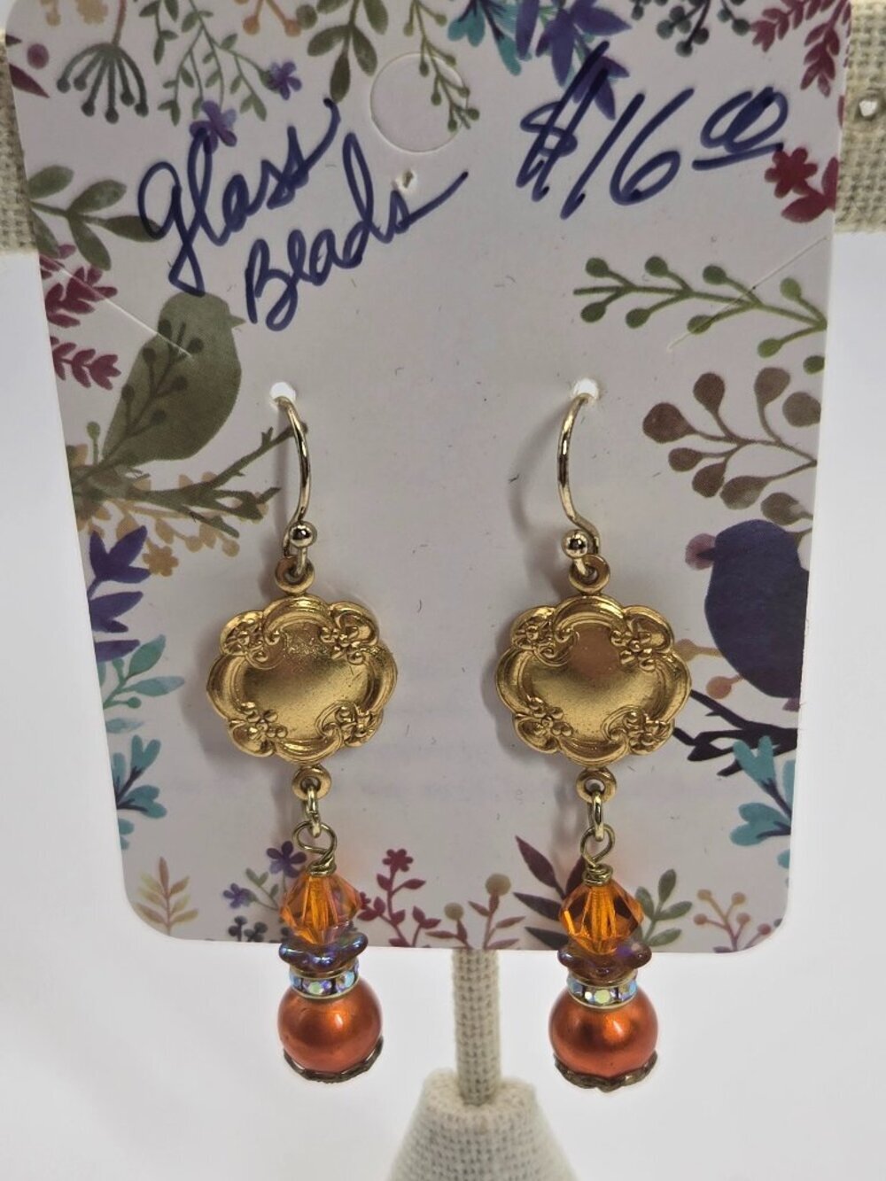 Glass Bead Earrings in Orange and Gold Tones Handmade Item 71